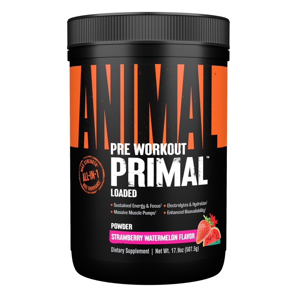 Animal Primal Muscle Hydration + Preworkout Powder – Contiene Beta Alanine, 3DPump, Caffeine & Electrolytes – Mejora la energía, el foco, la resistencia y la absorción – Strawberry Watermelon Flavor, 17.9 oz