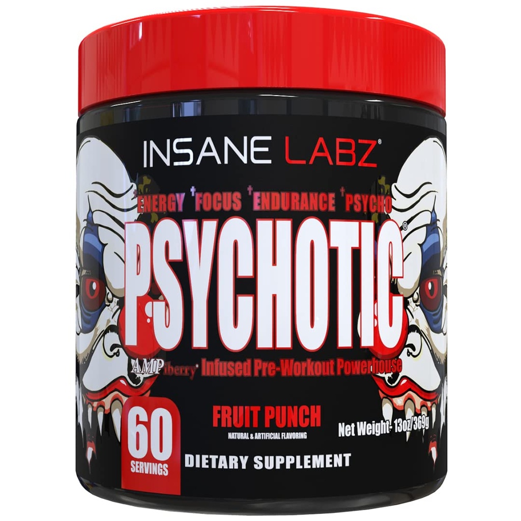 Insane Labz Psicotic, High Stimulant Pre Workout Powder, Extreme Lasting Energy, Focus and Endurance with Beta Alanine, Creatine Monohydrate, DMAE, 60 Srvgs, Fruit Punch