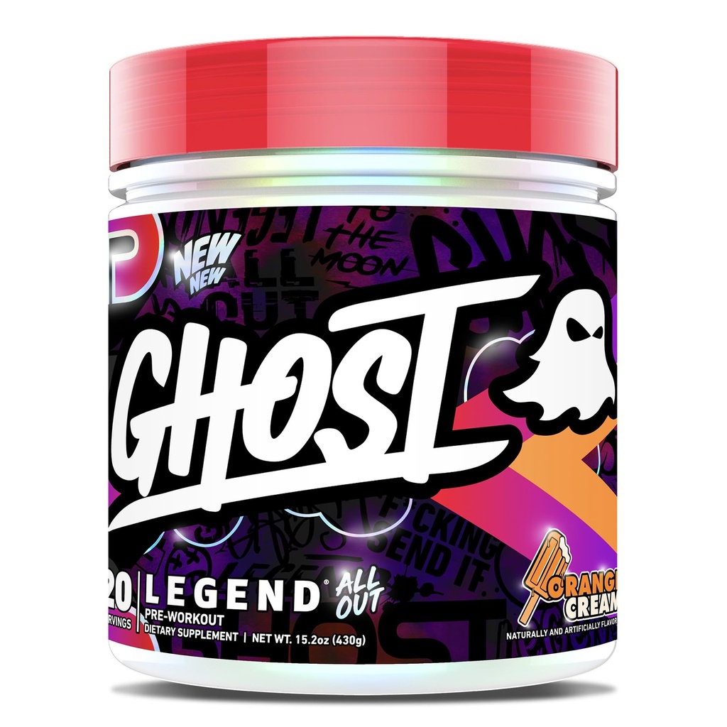 GHOST Legend All Out Pre-Workout Powder, Orange Cream - 20 Servings - Pre-Workout Suplemento para Hombres Mujer - Energía &amp; Bombas - Caffeine, Citrulline, Beta Alanine, Betaine, NO3-T Sugar Gratis