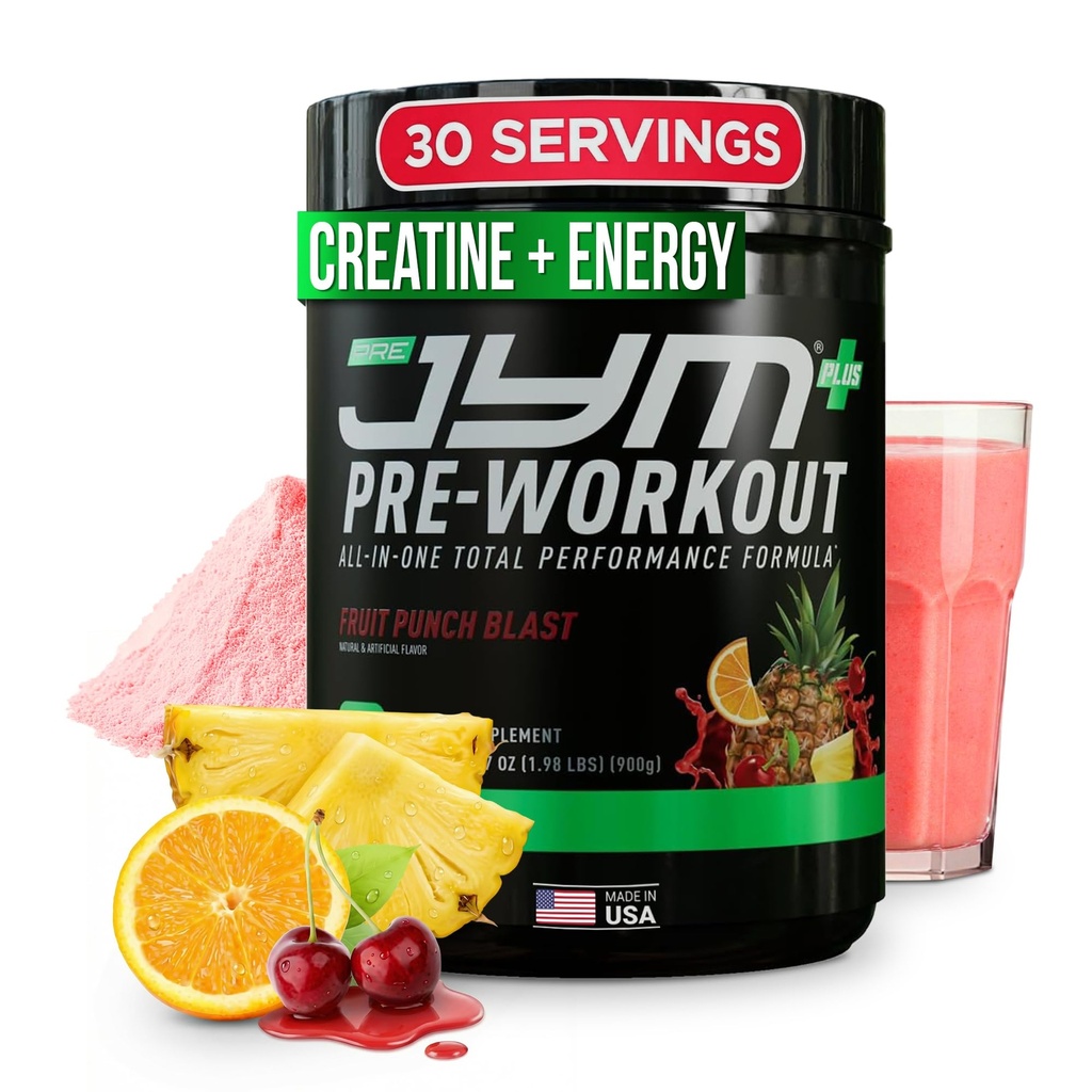 JYM Supplement Science Pre JYM Plus Fruit Punch Pre-Workout Powder, Amino Nitrates, Creatine, Betaine, Nootropics, BCAA’s, for Men &amp; Women, 30 Servings