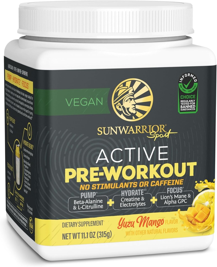 Pre Workout Powder Energy Drink Non-Stim & Caffeine Free TEN Vegan Plant-Based Supplement TEN Pump Hydrate Focus Endurance & Strength Builder ← Yuzu Mango Flavored 30 Sirving Active Preworkout