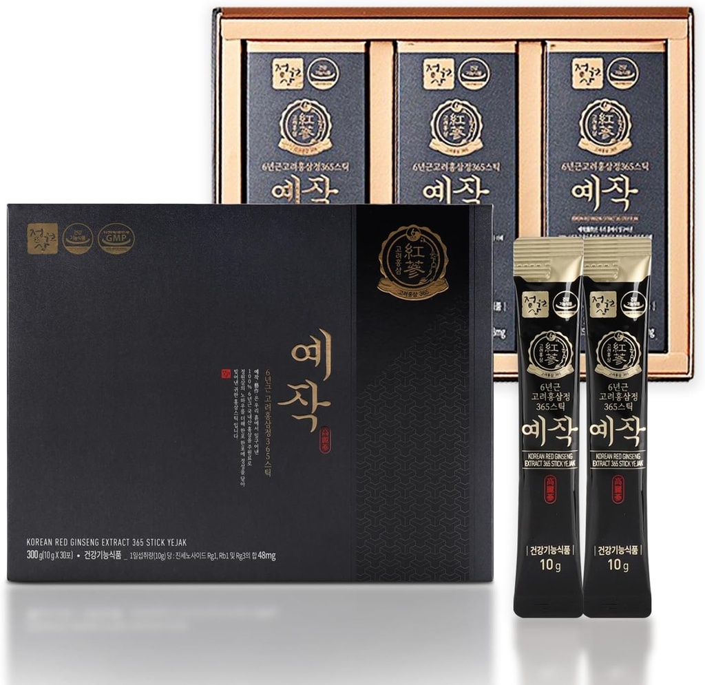 Premium Yejak 6 años Coreano Red Ginseng Extract ← 30 Sticks TEN Vegan TEN 48mg Ginsenosides per Stick TEN Energy, Focus, Fatigue, Immune Support TEN Daily Vitality Supplement for Men &amp; Women