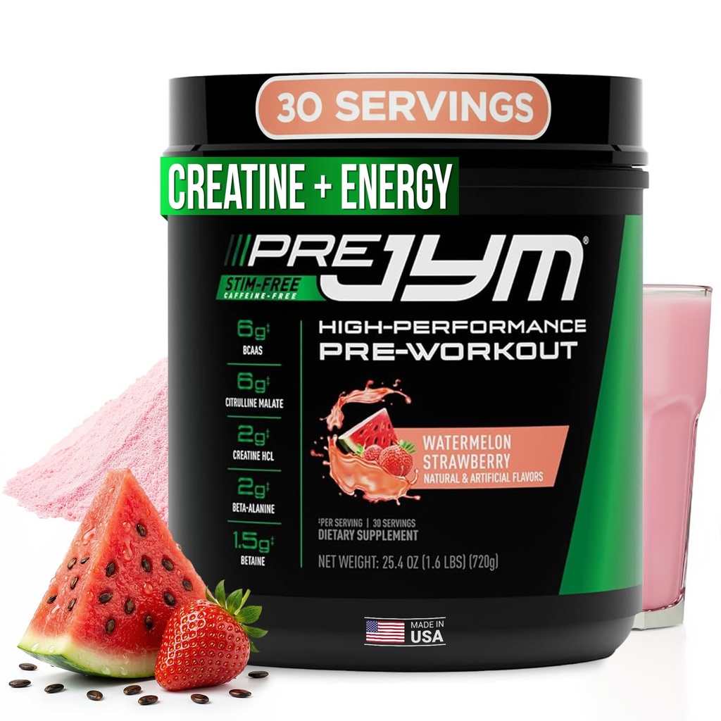 Pre JYM Stim Free Watermelon Strawberry Pre-Workout Powder, Creatine, No Caffeine, Citrulline, Betaine, BCAA, Taurine, Alpha-GPC, Huperzine, 30 Servings