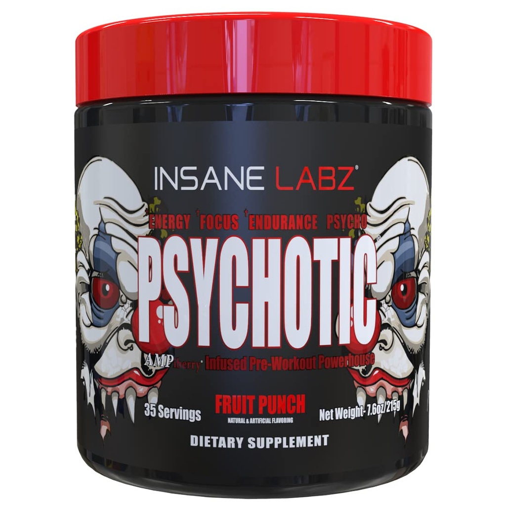 Insane Labz Psicotic, High Stimulant Pre Workout Powder, Extreme Lasting Energy, Focus and Endurance with Beta Alanine, Creatine Monohydrate DMAE, 35 Srvgs (Fruit Punch)