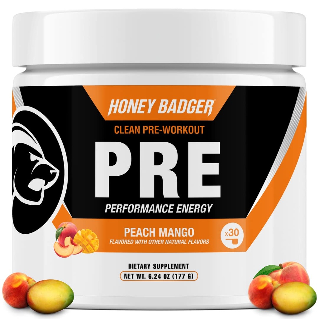 Honey Badger Pre Workout Powder, Keto Vegan Preworkout for Men &amp; Women, Beta Alanine &amp; Caffeine, Sugar Free Natural Energy Supplement, Peach Mango, 30 Servings