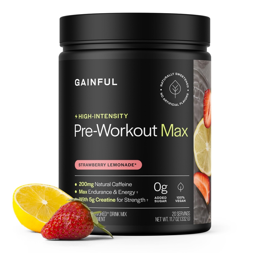 Gainful High Intensity Pre Workout Powder with 200mg Caffeine, 5g Creatine, Strawberry Lemonade Flavor, Supports Energy, Strength, Endurance, " Recovery, BCAAs, Beta Alanine, L-Citrulline, 20 Servings