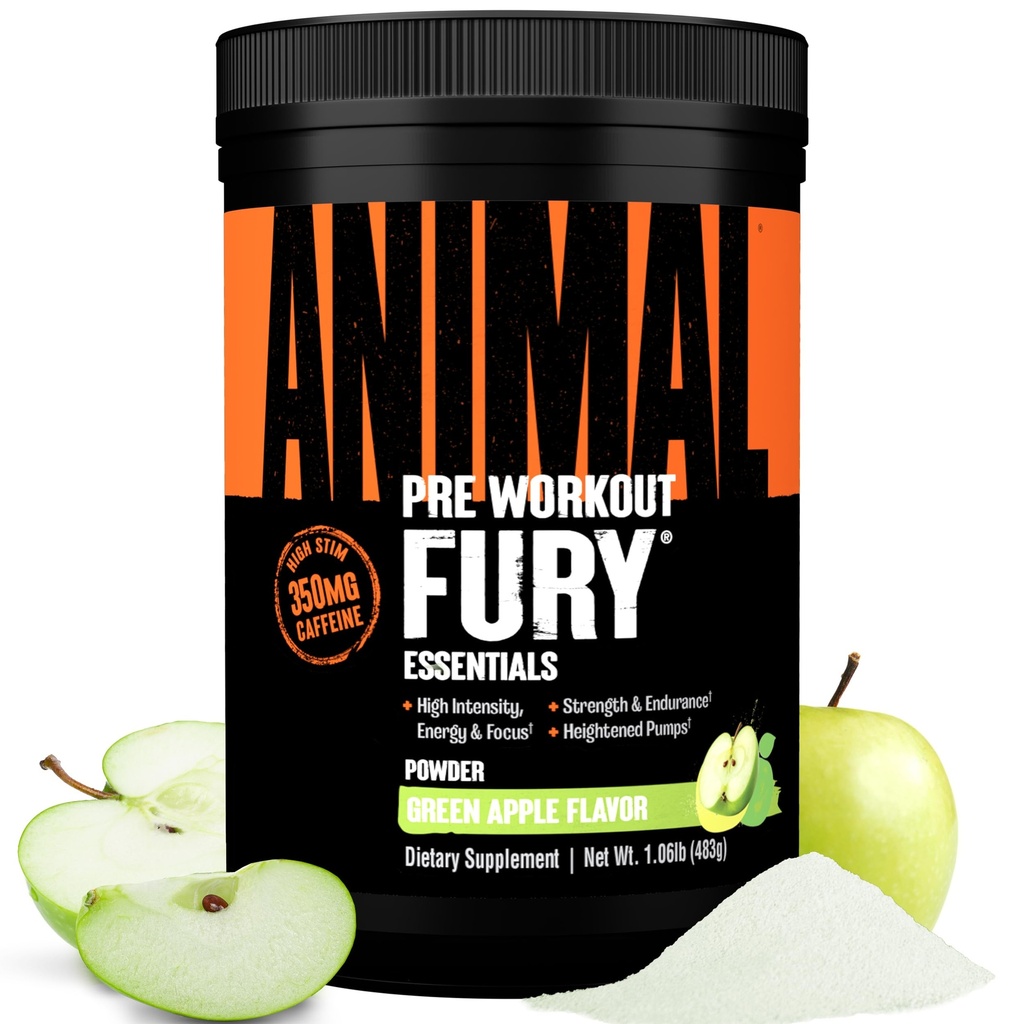 Powder de Furia Animal Pre Workout - Manzana Verde, 350 mg de cafeína, Aminoácidos BCAA, 2g Beta Alanine, Citrulline " Tyrosine, Energy, Focus, Strength, Endurance, Preworkout for Men " Women, 30 Servings