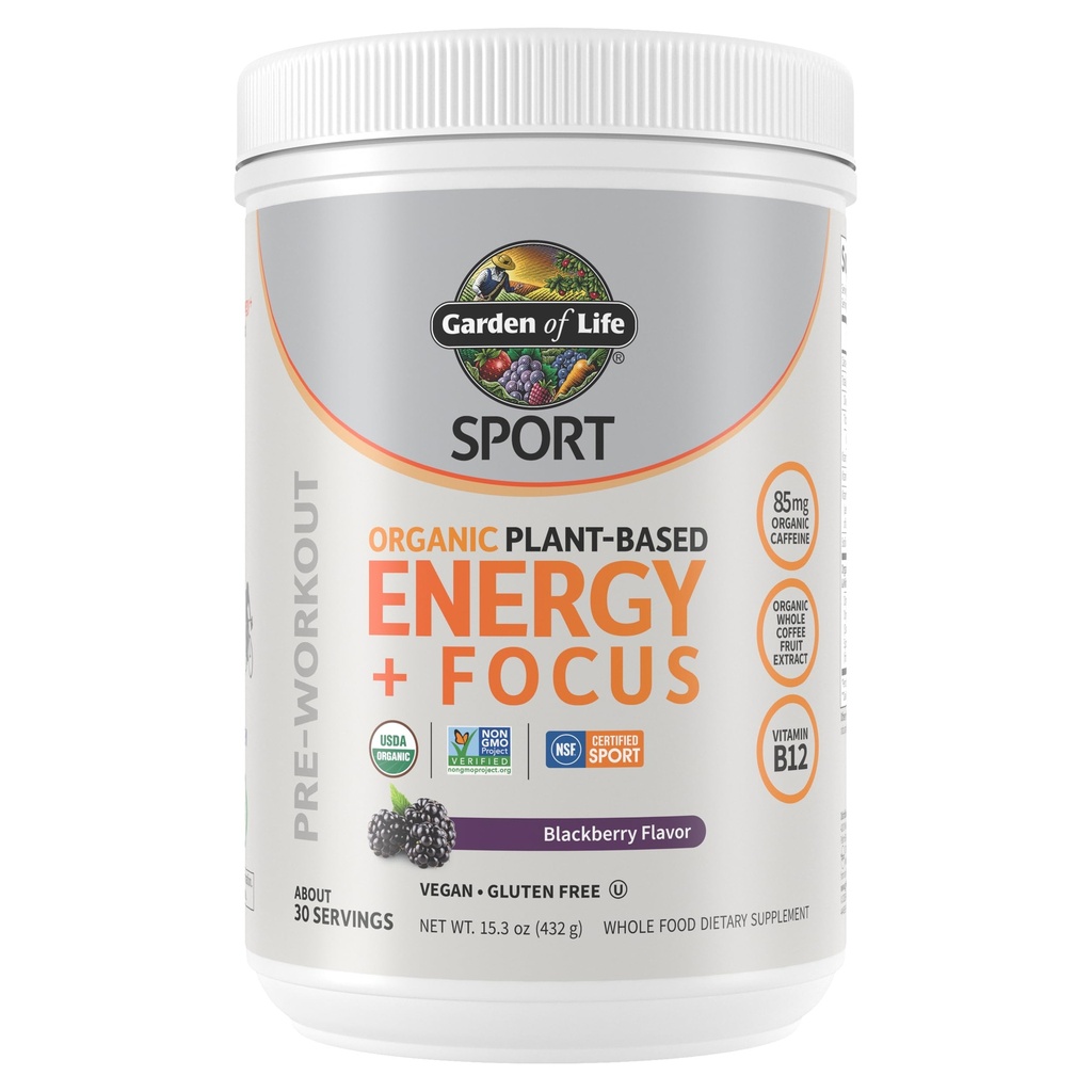 Jardín de Vida Deporte Energía orgánica + Folleto limpio Pre Workout Powder, con 85 mg de cafeína, Natural No Booster, B12, Vegan, Gluten Gratis, No GMO, BlackBerry, 15.3 Oz