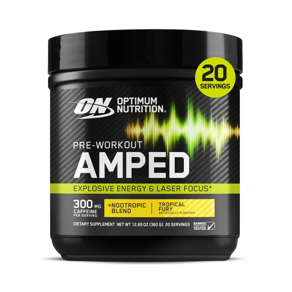 Optimum Nutrition Amped Pre-Workout, con Citrulline, Beta-Alanine, Nootropics y 300 mg de Caffeine for Energy, Tropical Fury, 20 Servings (Packaging May Vary)