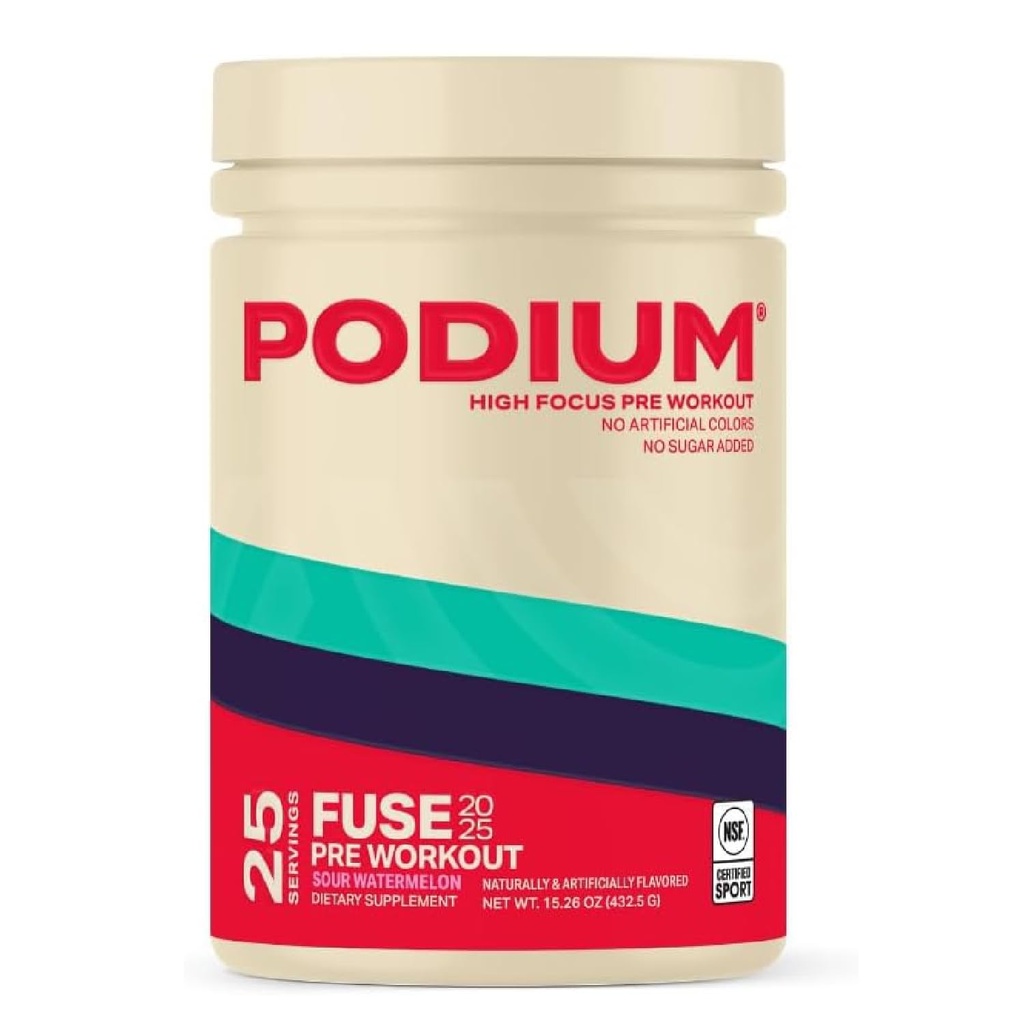Podium Nutrition, Fuse 2025 Pre Workout Powder, Sour Watermelon, 25 Servings, Beta Alanine y Caffeine for Energy, Gluten Free, Soy Free, Dairy Free
