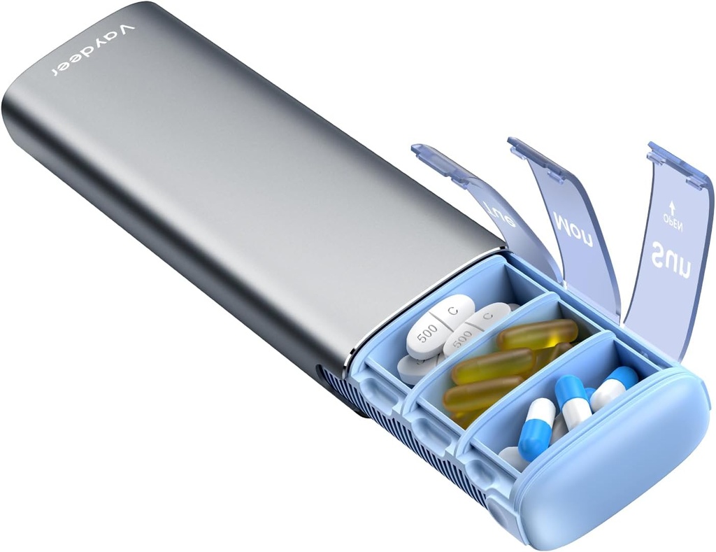 Vaydeer Metal Travel Pill Organizer, 7 Day Weekly Pill Box, Large Capacity Daily Cute Pill Fund for Supplements, Pills, Vitamins and Medication (Small,Gunmetal)