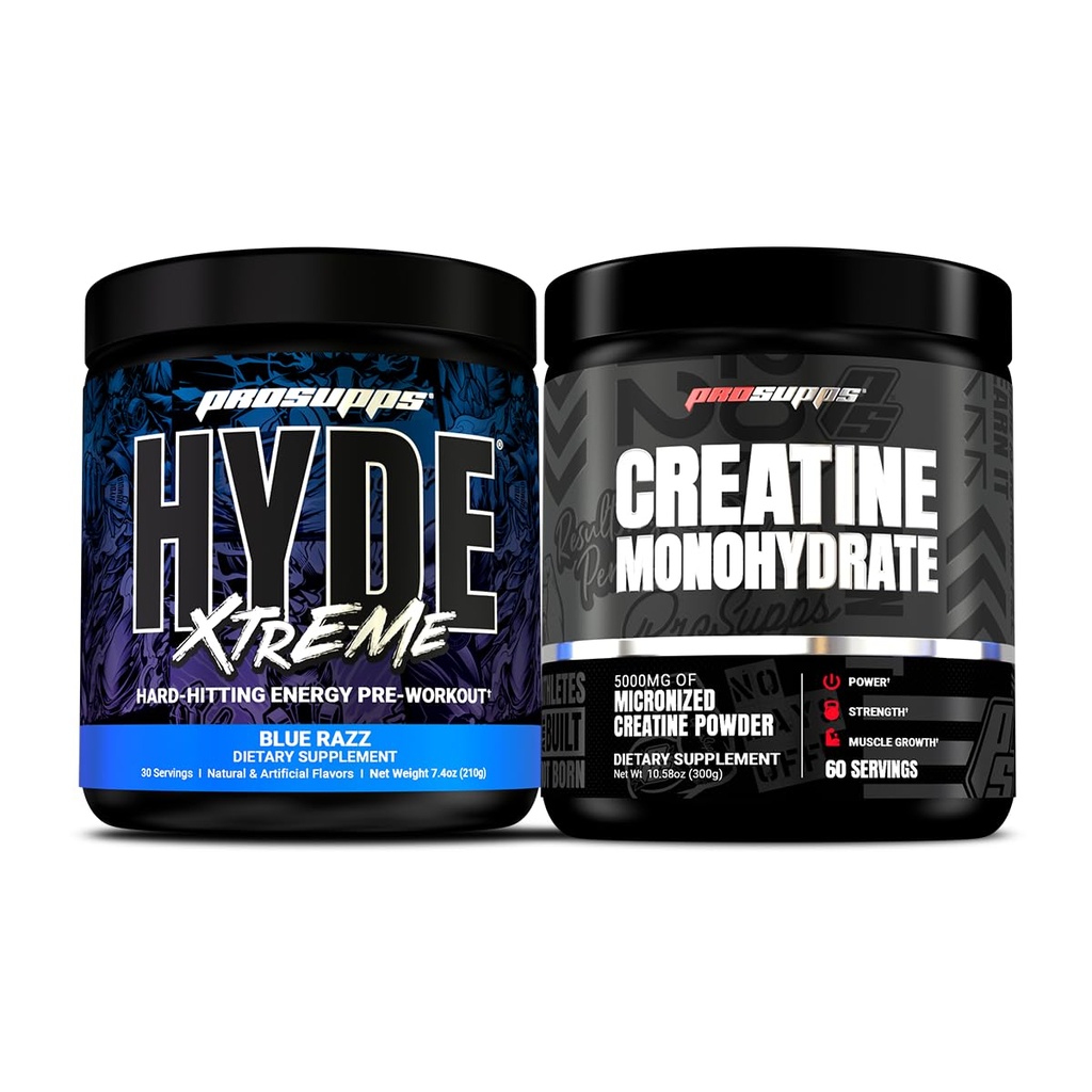 PROSUPPS Hyde Xtreme Hard-Hitting Energy Pre-Workout, Blue Razz y Creatine 300 Bundle