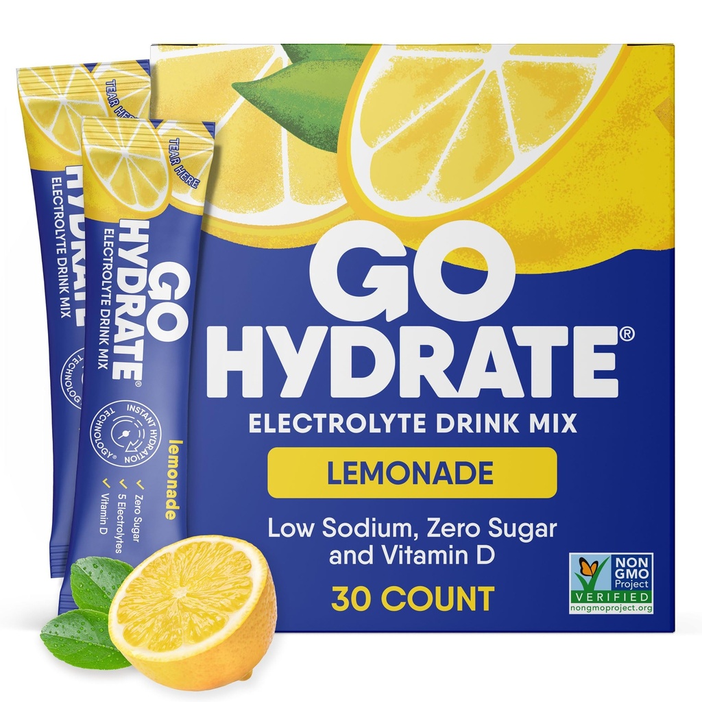 GoHydrate Low Sodium Electrolytes Powder Packets Sugar Gratis - Instant Hydration Daily Drink Mix - Zero Sugar Water Flavor Packet Singles with Vitamin D - (Lemonade, 30 Packs)