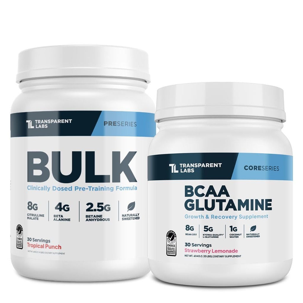 Laboratorios transparentes Pre-Workout (30 servidos, Punch tropical) & BCAA Glutamina (30 servidos, limonada de fresa)