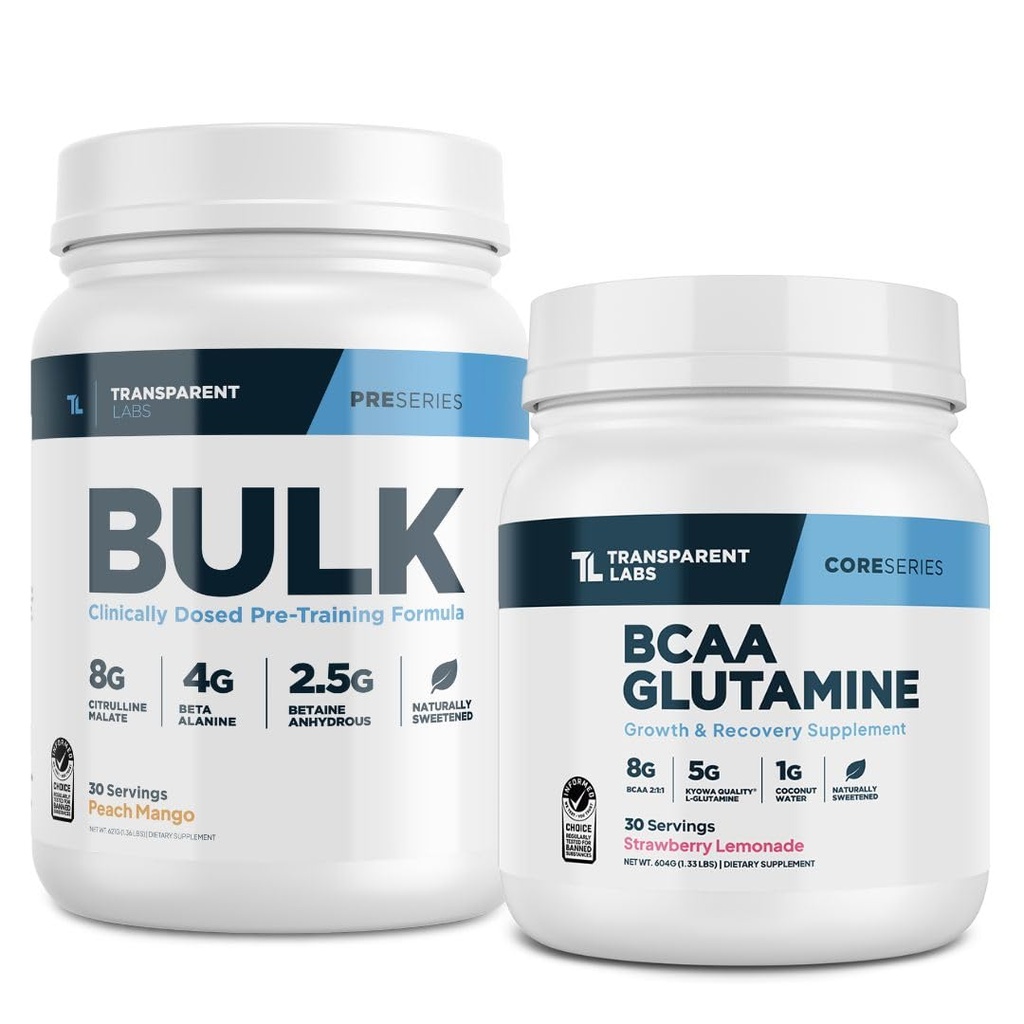 Laboratorios transparentes Pre-Workout (30 Servimientos, Peach Mango) & BCAA Glutamina (30 Servimientos, Strawberry Lemonade)