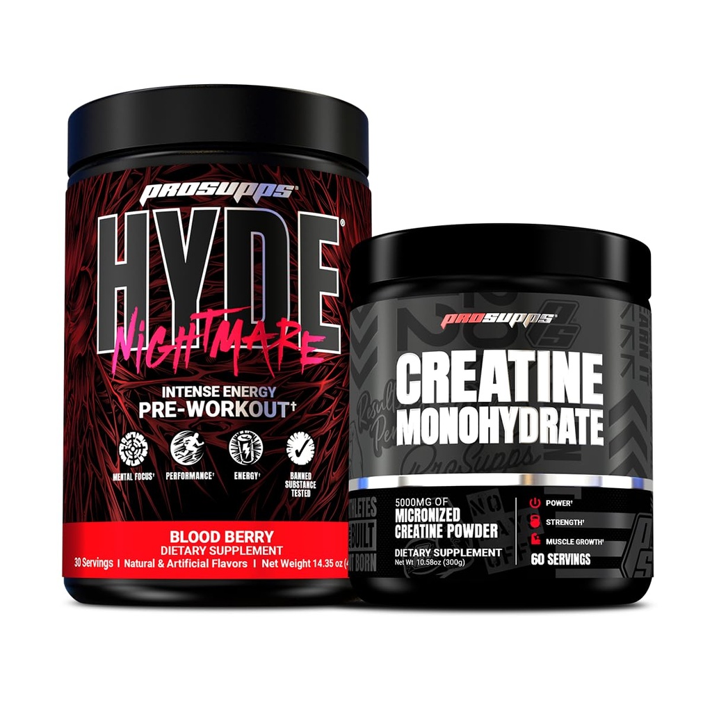PROSUPPS Hyde Nightmare Intense Energy Pre-Workout, Blood Berry y Creatine 300 Bundle