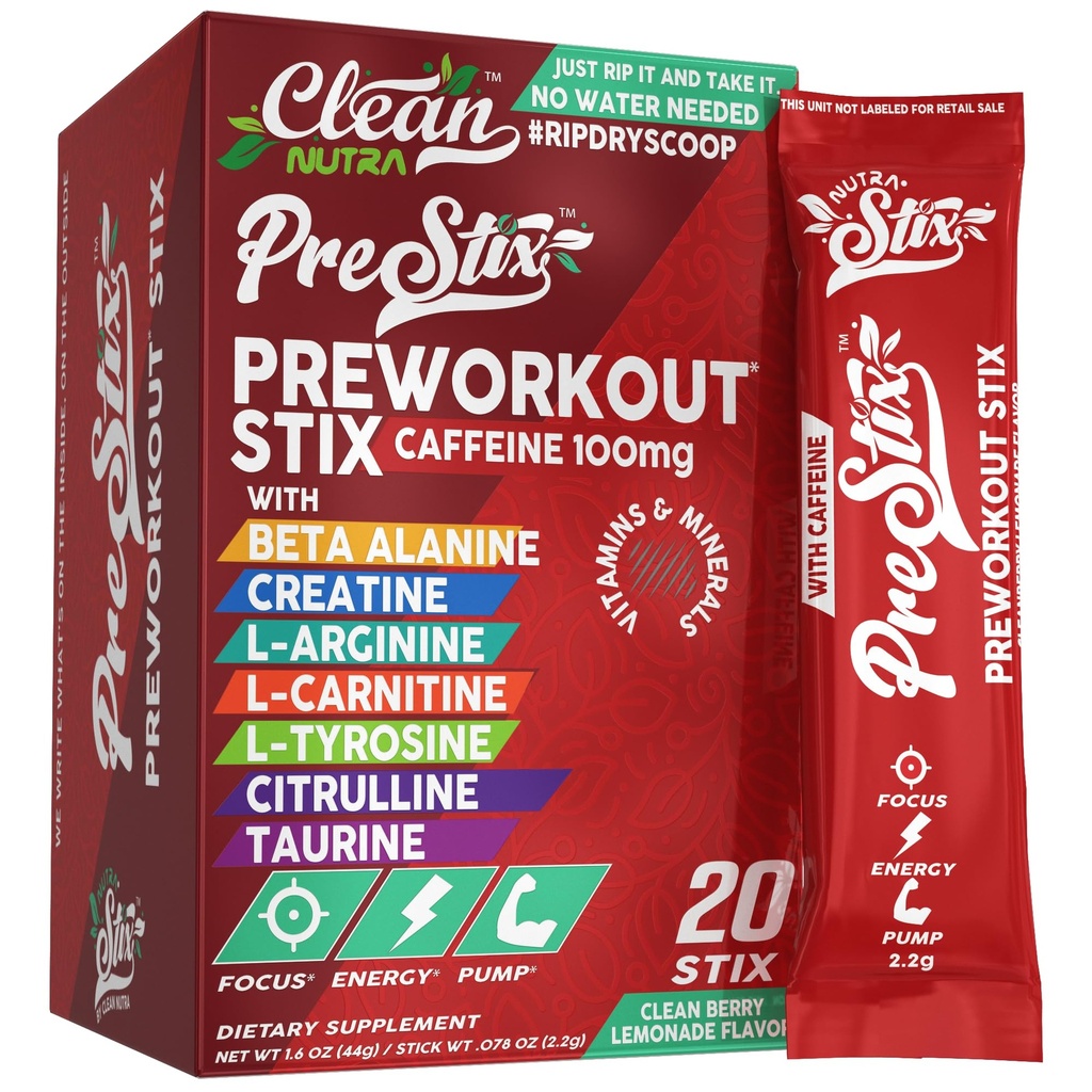 Nutracéuticos limpios Pre Workout Powder Energy Sticks - Caffeine 100mg, Energy Drink Mix, Creatine Monohydrate, Beta Alanine, L-Citrulline, L-Tyrosine, L-Carnitine, Electrolyte Hydration Packets 20 Ctrulline