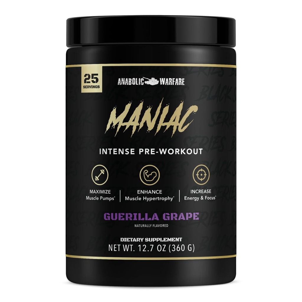 Maniaco de la Serie Negra Anabólica, Polvo de Pre-Workout, soporta óxido nítrico, bombas musculares y sintesis de proteínas*