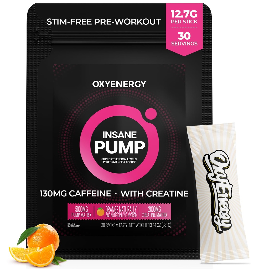 OxyEnergy Pre Workout Powder -Orange, Non Stim 130mg Low Caffeine, On-The-Go Packets with Beta Alanine, Creatine Monohydrate & Taurine for Sensitive Users, Women, Evening Workouts - 30 Servings