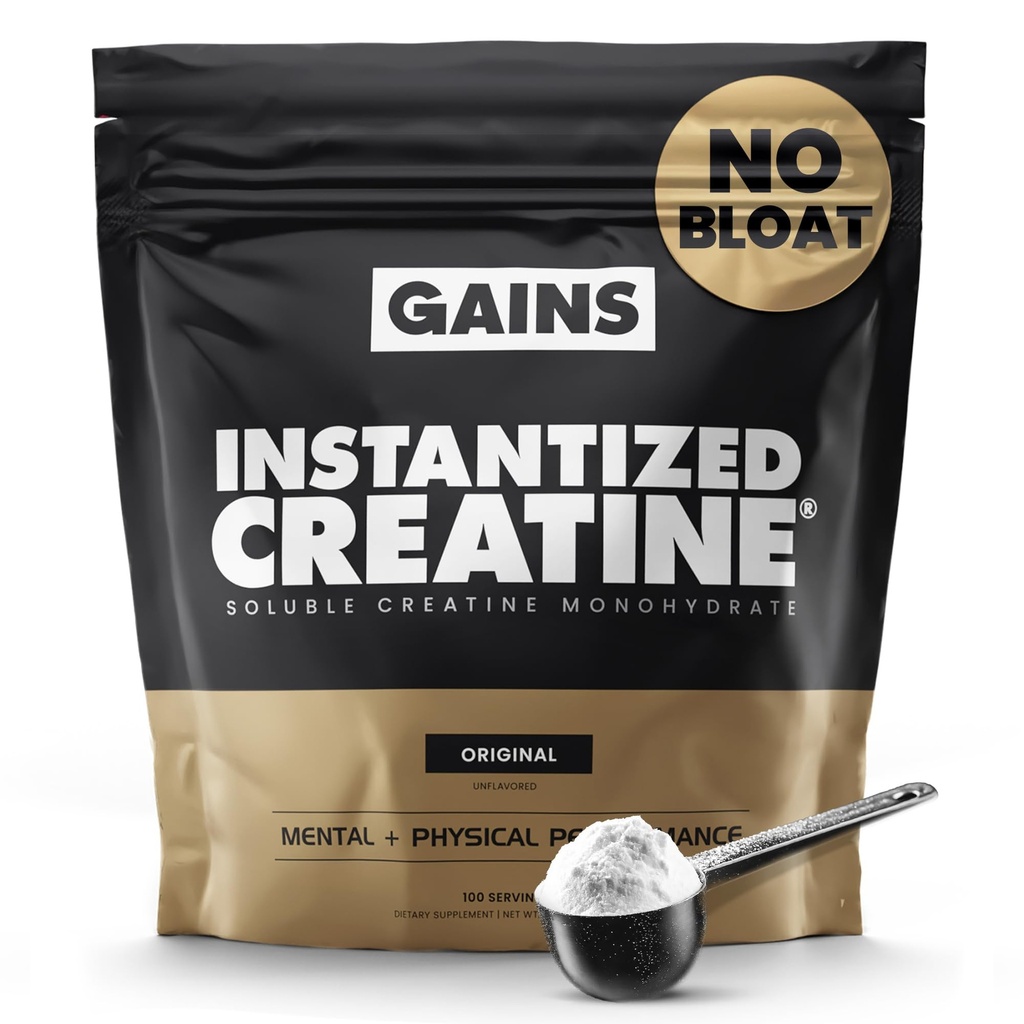 Gains in Bulk Instantized Monohydrate Creatine para Hombres &amp; Mujeres, Soluble Pre Workout Powder, Supports Muscle Building, Strength and Performance, Bodybuilding Supplements, Unflavored, 100 Servings