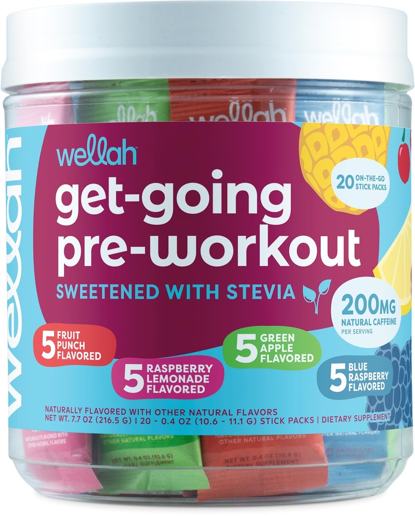 Wellah Get-Going Pre-Workout Variety Pack (20 Stick Packs) - 200mg Natural Caffeine, Stevia-Sweetened, con Citrulline Malate y L-Theanine, &amp; 1000mg de Beta-Alanine