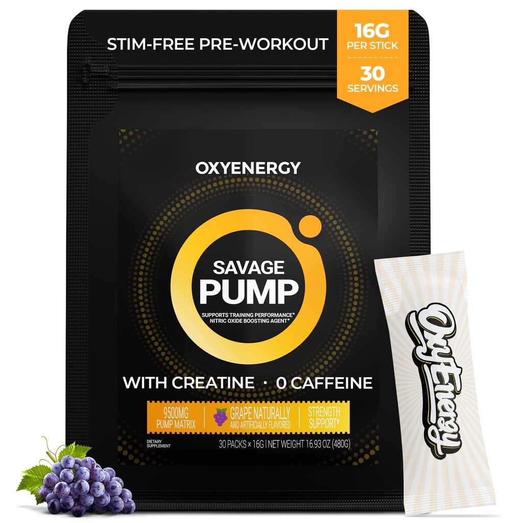 OxyEnergy Nitric Oxide Booster, Max Pump Non Stim Pre Workout Powder para Hombres, con Beta Alanine, L Citrulline, Creatine for Circulation, Muscle Pumps, Endurance, Grape, On-The-Go Packet- 30 Servings