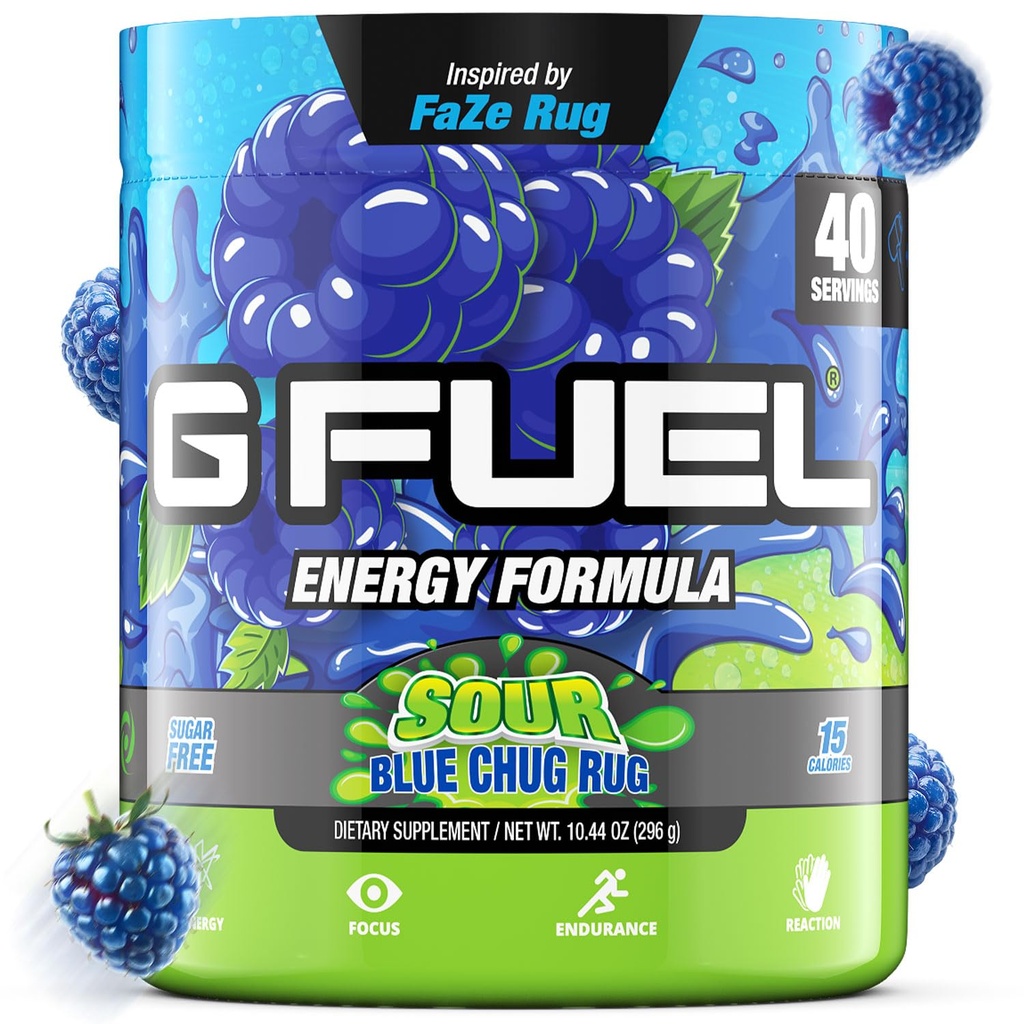 G Fuel Chug Rug Energy Drink Powder, Pre Workout Caffeine Mix for Gaming, Sugar Free Focus Amino, Vitamina + Antioxidantes, 10.44oz (Sour Blue Raspberry, 40 Servings)
