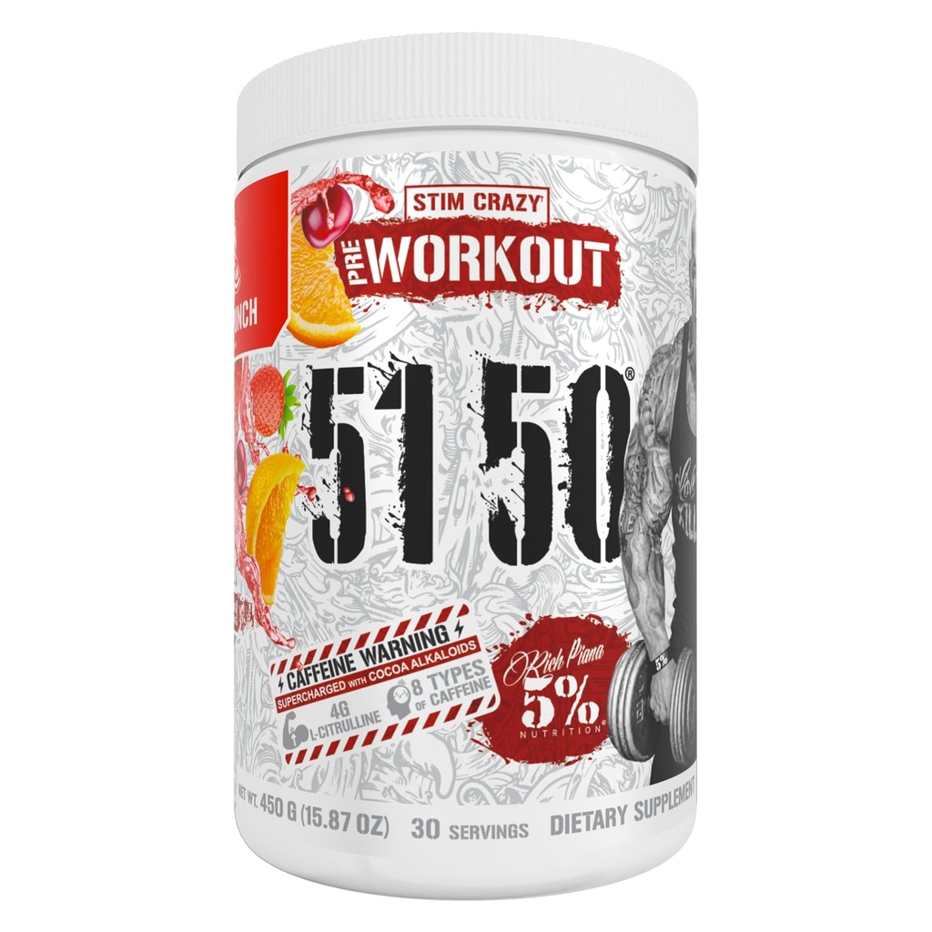 5% Nutrición Rich Piana 5150 High Stim Pre-Workout Powder  tolera Extreme Energy, Focus, Pumps &amp; Endurance ← 400 mg Caffeine, Citrulline, Beta Alanine, N-Acetyl L-Tyrosine ← 30 Srvgs (Fruit Punch)