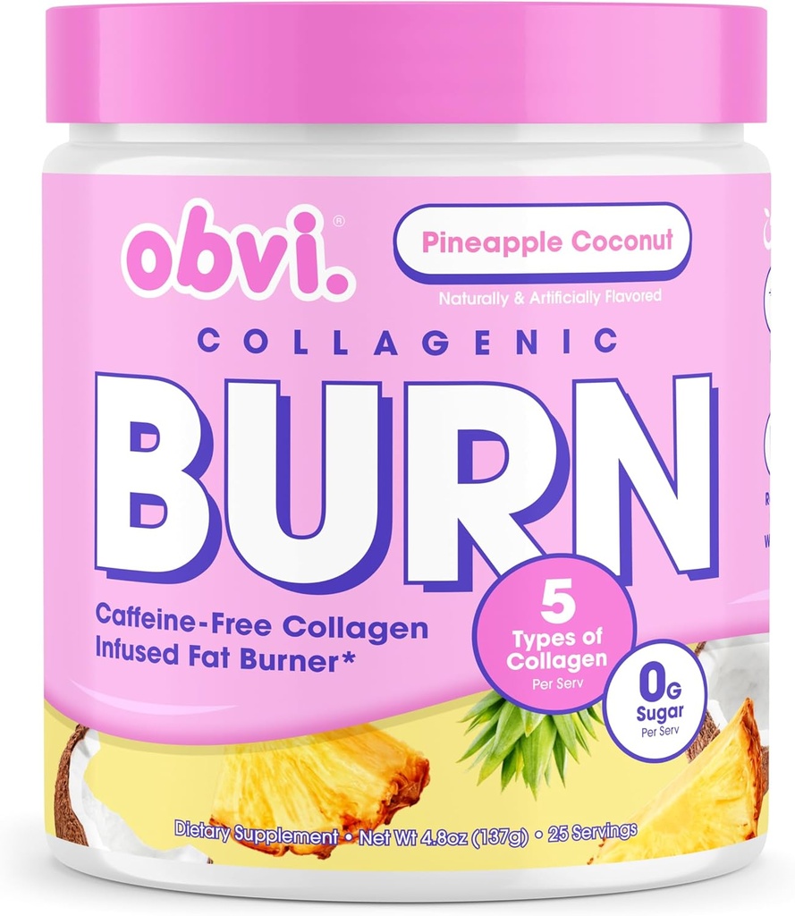Obvi Collagenic Burn Powder ¦ Multi-Collagen Peptide Blend with GBB, Ashwagandha & Green Coffee ¦ Pineapple Coconut, 25 Servings