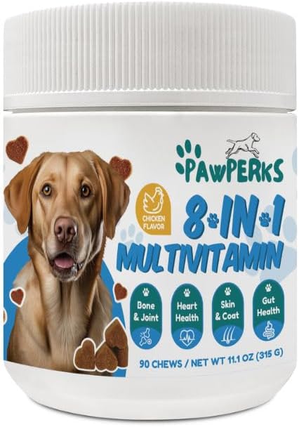 8-en-1 Multivitamina de perros – Glucosamina para la salud conjunta, probióticos y enzimas digestivas – Suplemento libre de grano para la piel, el apoyo de la carne y la inmuna – sabor de pollo – 90 Chews