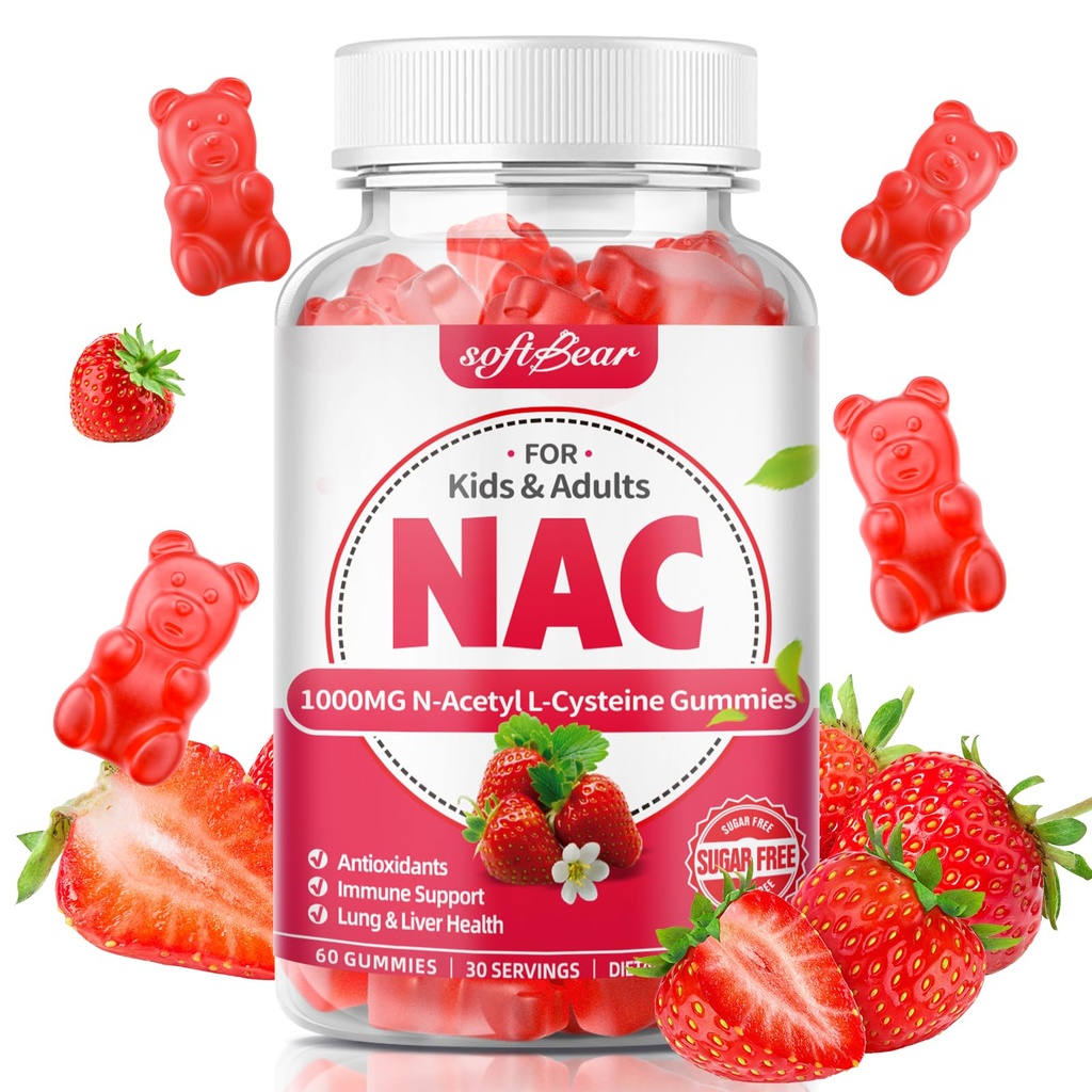 softbear NAC Gummies for Kids &amp; Adults, NAC Supplement 1000mg N Acetyl Cysteine Supports Lung &amp; Liver Health, Antioxidants & Immune System, Strawberry Flavor 60 Count