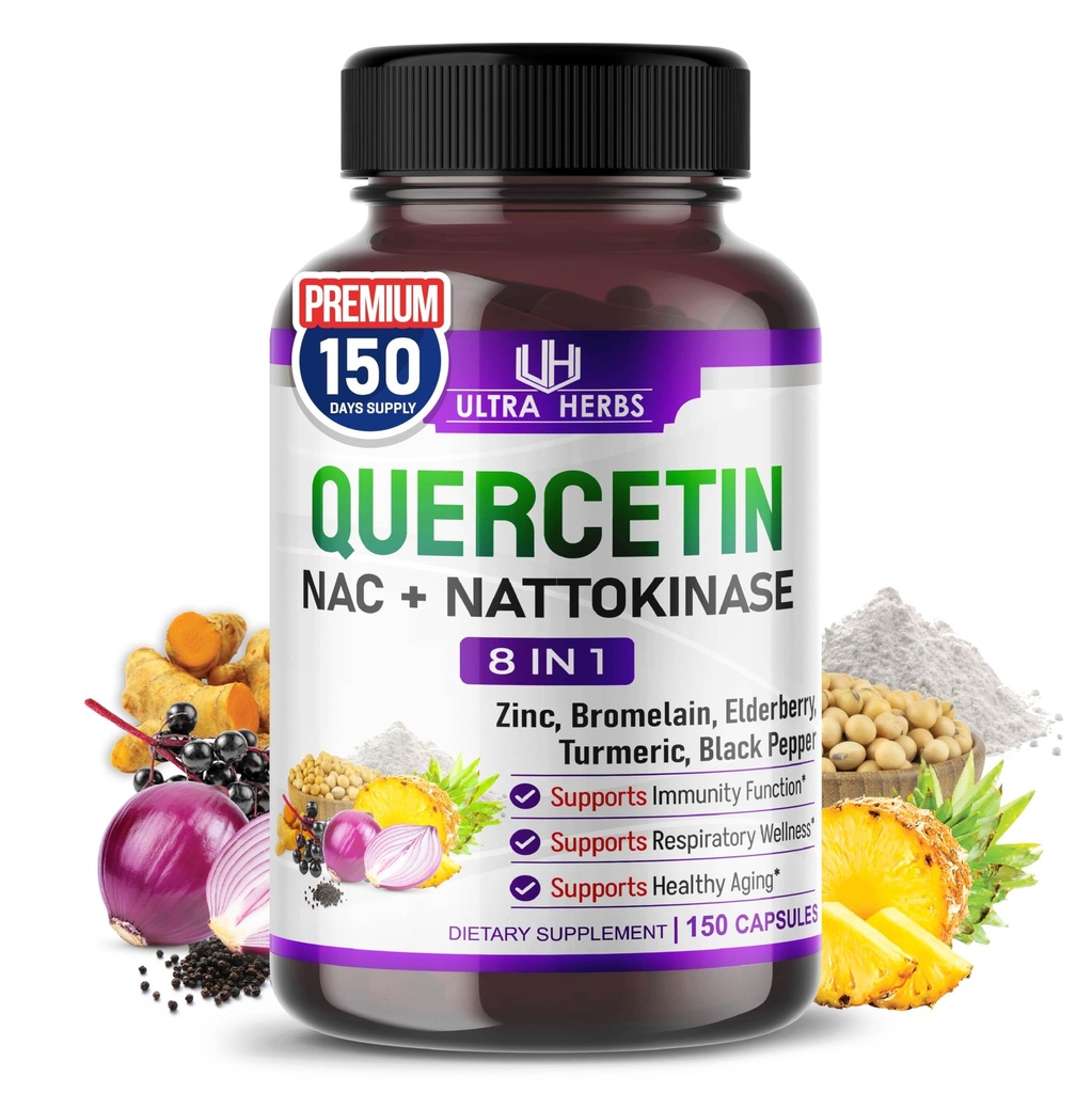 Suplemento de Quercetina con Bromelaina, Vitamina C y Zinc, Nattokinase, NAC, Elderberry, Elderberry ← 8 en 1 Complejo Ultra Antioxidante para la Salud Inmuna TEN 150 cápsulas