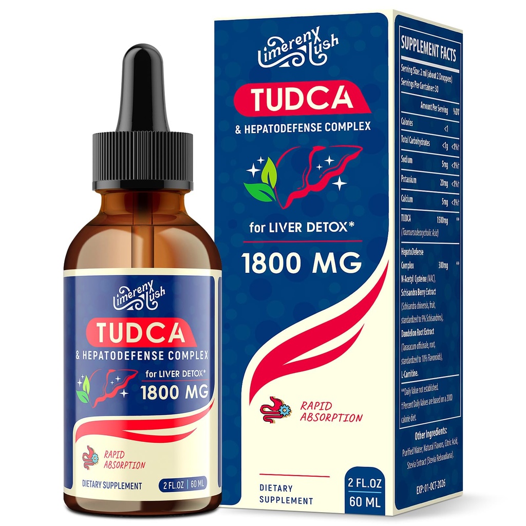 TUDCA Liver Support Drops 1800mg - Powerful Liver Supplement with Bile Salts, NAC, Schisandra y Dandelion, Liver Detox &amp; Repair - Fast-Absorbing, Sugar-Free, Alcohol-Free – 2 Fl.Oz