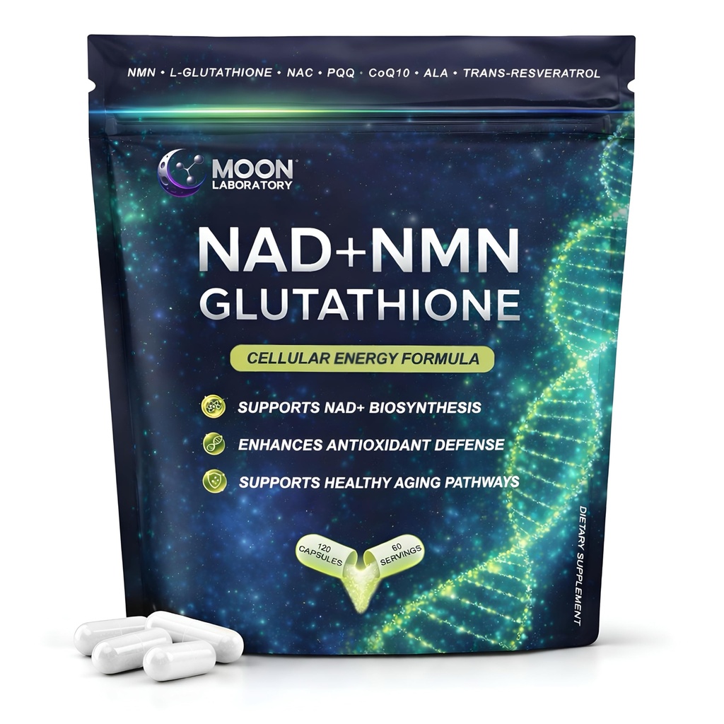 NMN + L-Glutathione Supplement – NAD+ Support, Mitocondrial Energy & Antioxidant Defense with CoQ10, NAC, PQ & Alpha Lipoic Acid – 120 Capsules. Rellenar paquete