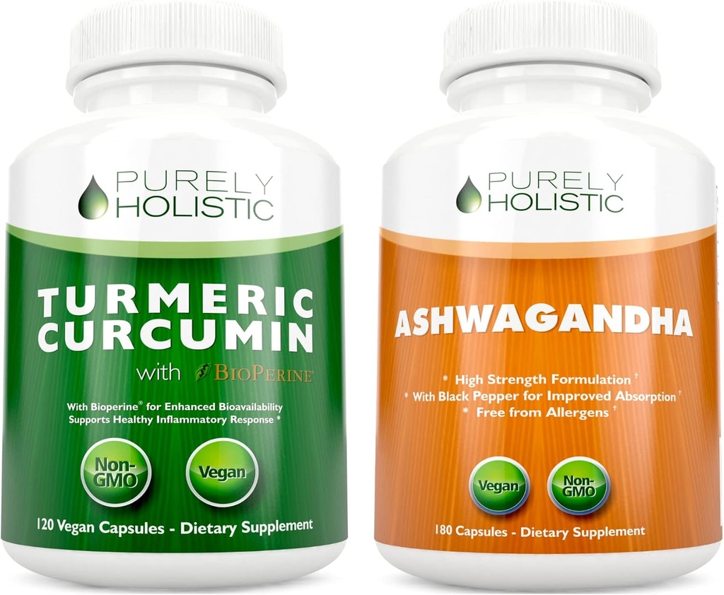 Curcumina Turmérica Orgánica 700mg " Bioperina + Ashwagandha orgánica 1300mg & Black Pepper - Vegan Bundle - 120 + 180 Capsules - Made in USA