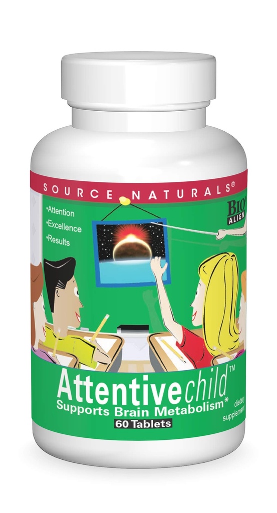 Fuente Naturals Attentive Niño - Nutrientes cognitivos saludables para niños activos - Enfoque mejorado " Atención con DMAE, Magnesio, Zinc " Grape Seed Extract - 60 Tablets