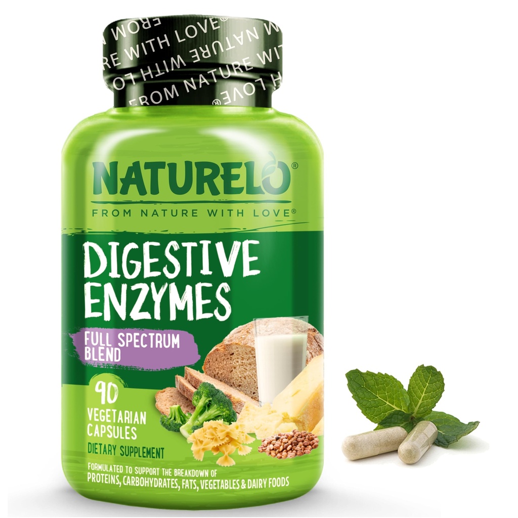 NATURELO Digestive Enzymes - Soporte completo de espectro con una mezcla de 15 enzymes más jengibre - 90 cápsulas veganos
