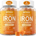 Gummies de hierro + Turmeric 600mg para mujeres hombres, suplemento de hierro con multivitaminas C, A, B-Complex, Folate, Zinc para la deficiencia de hierro, anemia y energía, suave, no exigente, chewable, Vegan, 2 Pack