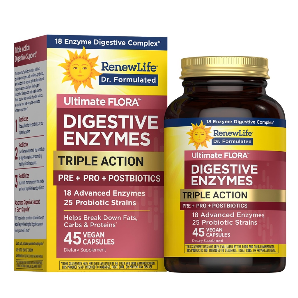 Renew Life Ultimate Flora Enzymes Digestivos con Probióticos y Prebióticos ← Doctor Fórmulado  45 Capsules veganos ← Eases Gas ocasional, Bloating " Discomfort  durable Dairy, Soy and Gluten Free Supplement