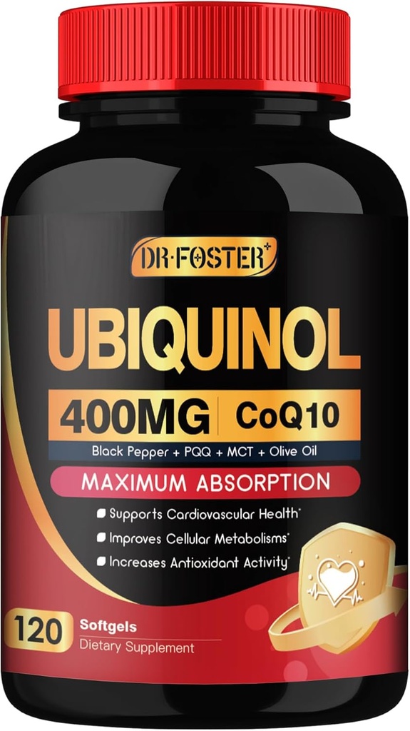 DRFOSTER Coq10 400mg Softgels Ubiquinol - Co Q 10 Suplemento Coenzima q10 Cq10 400mg Más Vitamina E, PQQ, Pepper Negro para la salud del corazón, 120 Cuentas