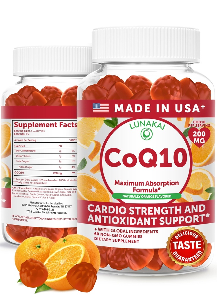 Lunakai USA hizo CoQ10 Gummies para adultos – 200 mg Coenzima de alta potencia Q10 Suplemento para el corazón diario, energía y apoyo antioxidante para hombres de mujeres, no GMO, 60ct