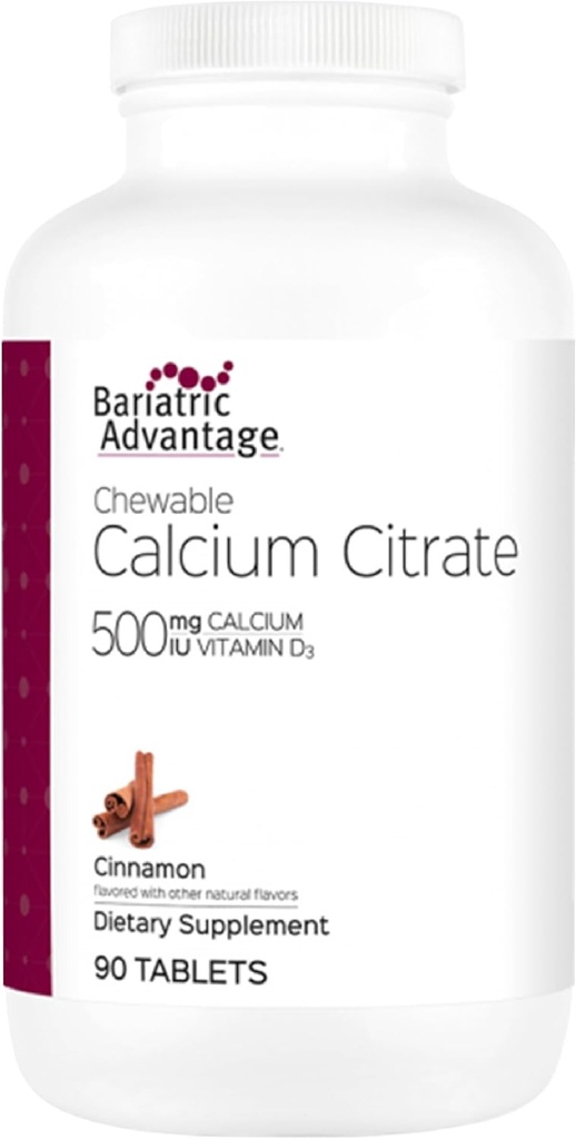 Bariatric Advantage Calcium Citrate Chewable 500mg con Vitamina D3 para Cirugía Bariat Pacientes Incluyendo Bypass Gástrica y Gastrectomía Sleeve, Bajo Azúcar - Flavor de canela, 90 Conde