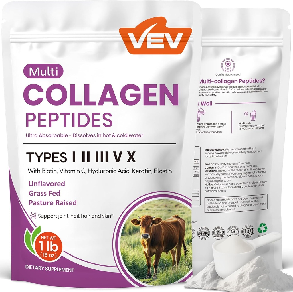 VEV Multi Collagen Peptides Powder, 16 oz (41 Servings) – Tipo I, II, III, V, X, Hydrolyzed Collagen, Hyaluronic Acid Power, Biotin, Vitamina C, Soporta la piel, desarmado, disuelve fácilmente