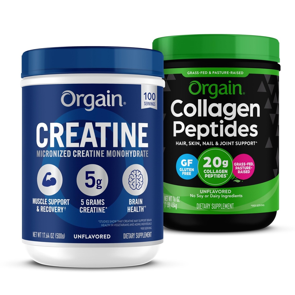 Orgain Creatine Monohydrate Powder 17.64 Oz (100 Servings) & Collagen Peptides Powder 1lb (20g Grass Fed) Bundle - Unflavored, Non-GMO Suplementos para Muscle, Brain, Skin &amp; Joint Support
