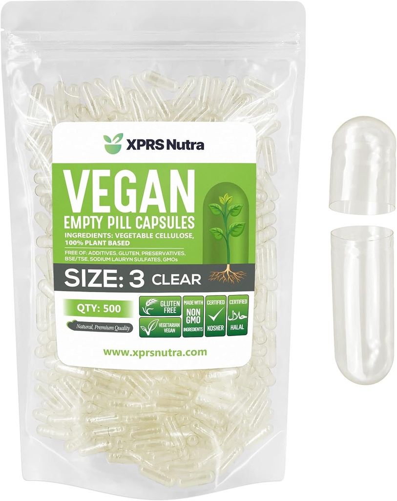 XPRS Nutra Size 3 Empty Capsules - 500 Count Clear Empty Vegan Capsules - Vegetarian Pills - DIY Vegetal Capsule Filling - Veggie Pill Caps