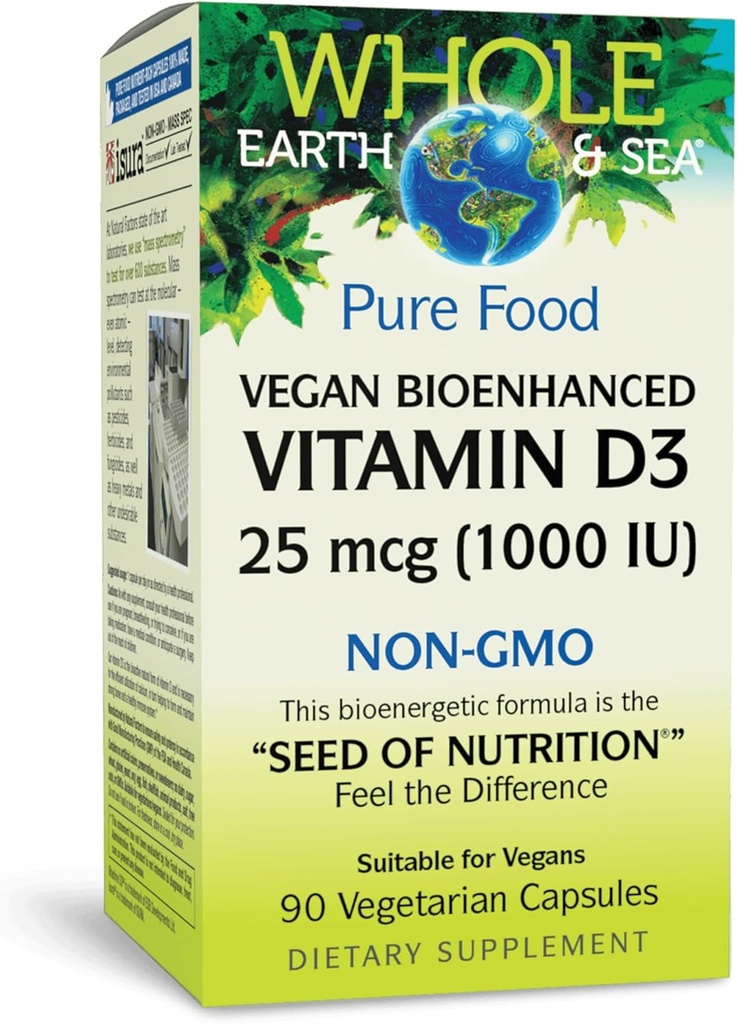 Toda la Tierra & Mar de Factores Naturales, Vitamina D3 1000 UI (25 mcg), Suplemento Alimentario completo, Vegan, 90 cápsulas