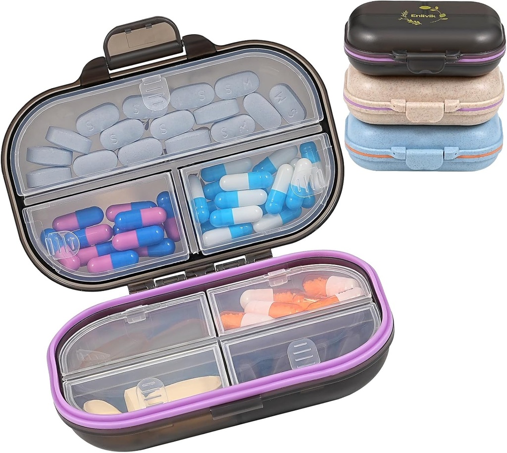 3 Packs 7-Compartimientos Pill Organizer - Caja de Píldora de Cerraduras y Moisturas -Travel Friendly with Labels - Dispensador de Píldoras diarias portátiles para vitaminas/Aceites/Suplementos de frutas - Pastillero