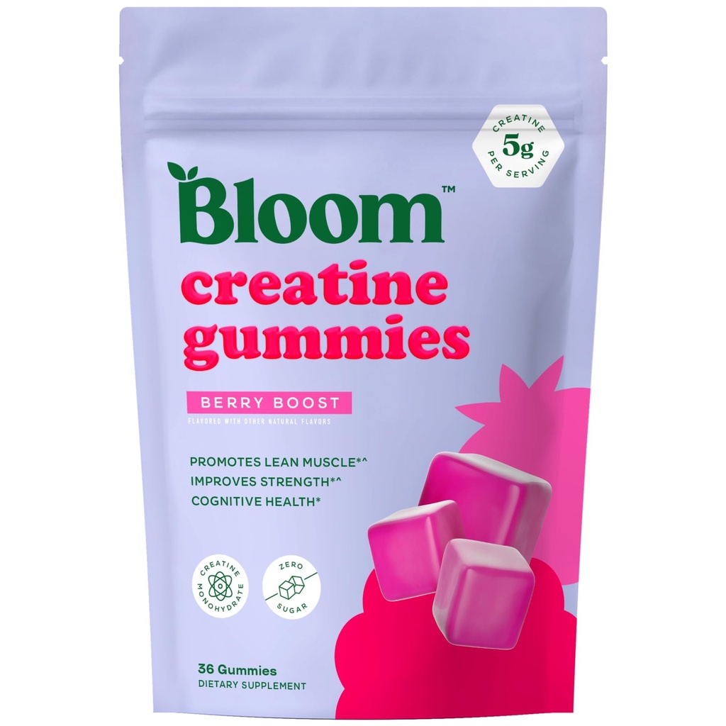Bloom Creatine Monohydrate Gummies, 5g Por Serving, Sugar Free Creatine Gummy for Workout, Strength, Cognitive Health & Lean Muscle Support, Gluten Free ' Non GMO, Berry Boost, 36 Gummies, 12 SVG