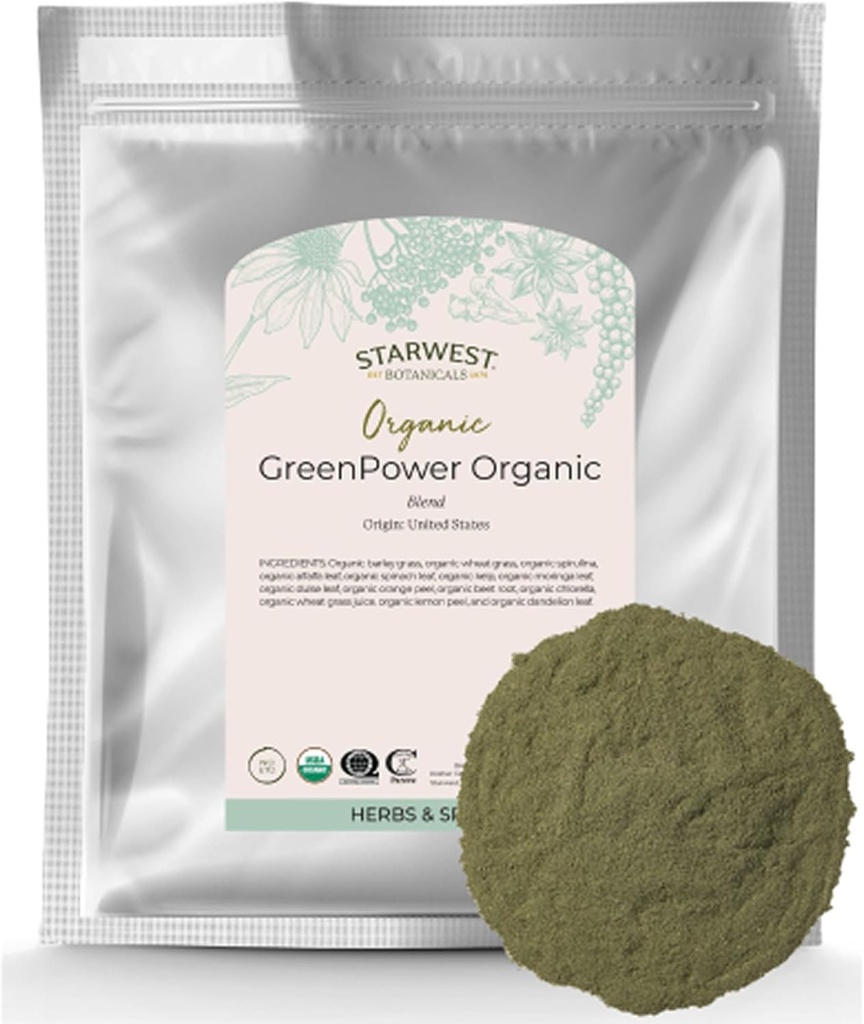 Starwest Botanicals Organic GreenPower Blend - Healthy Greens Superfood Powder, Super Green Drink Mix, Natural Energy Support for Women ' Men, Packed with Fruits & Vegetables, Non-GMO - Bulk 1 lb Bag