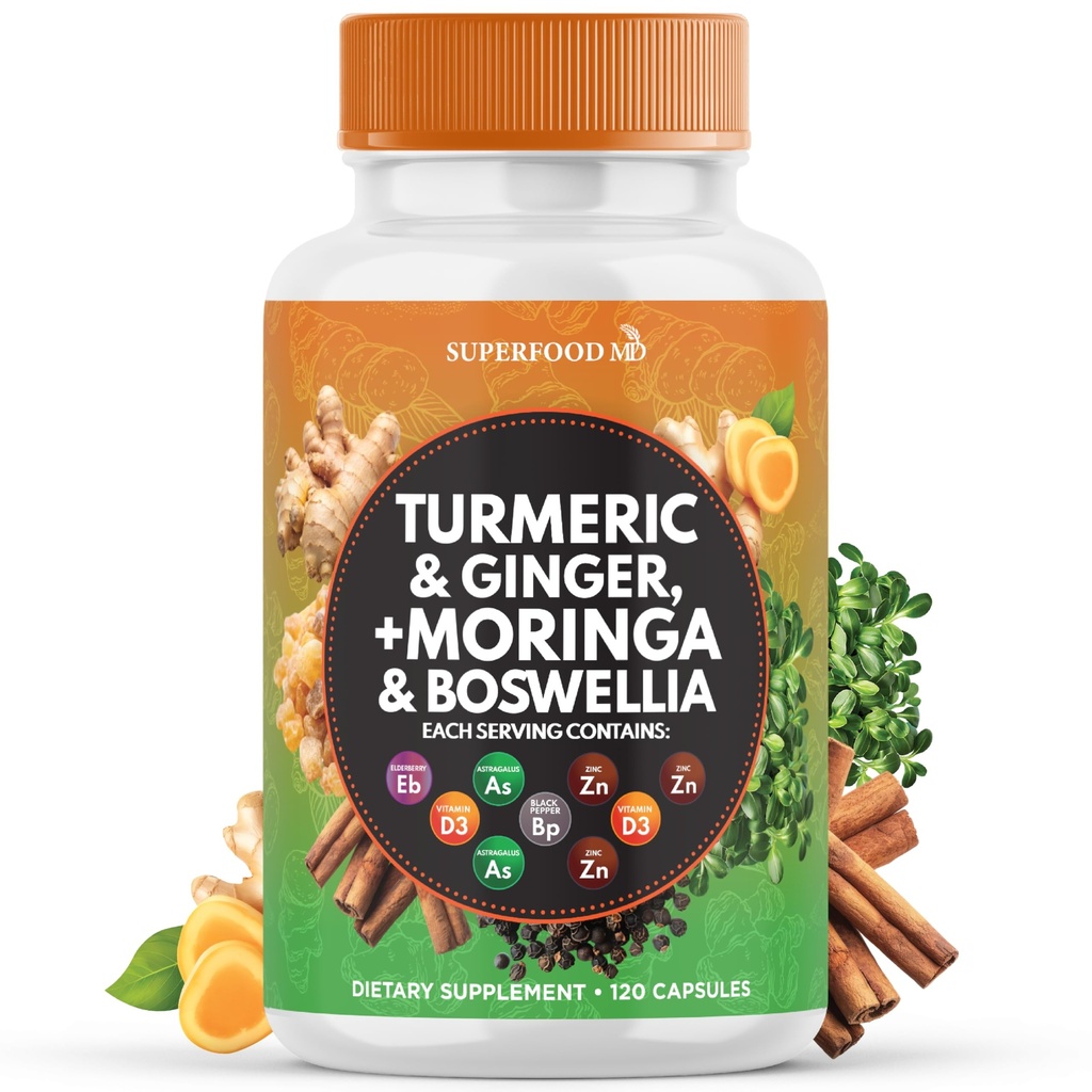 Turmeric Moringa Supplement | Ginger, Boswellia, Saffron, Holy Basil- Joint Support Supplement for Women and Men with Ceylon Cinnamon, Quercetin, Tart Cherry- 120 Count